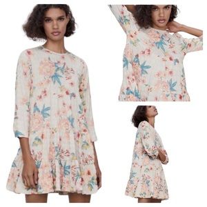 Zara The Sharon Floral Tiered Baby Doll Long Sleeve Mini Dress